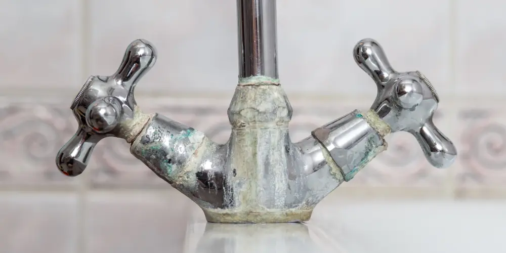 Old bathroom faucet with limescale buildup