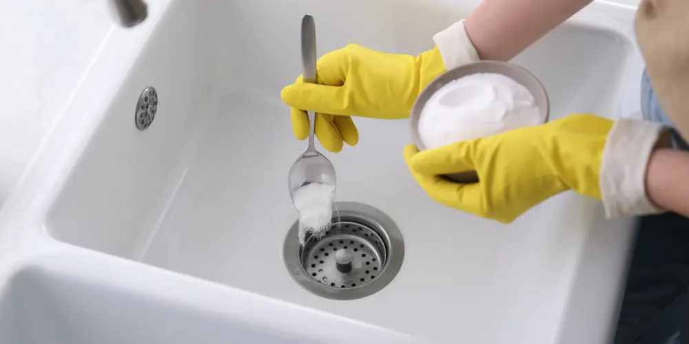 A woman performs routine maintenance on a drain