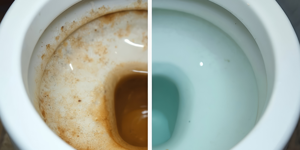 Stained toilet before and after