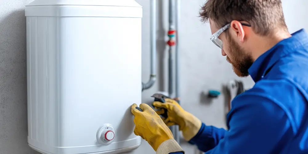 A technician maintains a tankless water heater