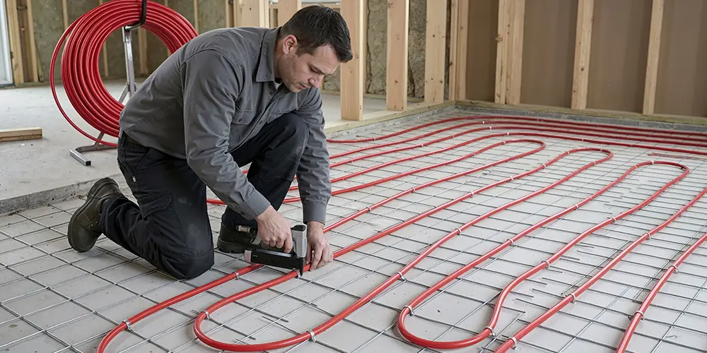 A man lays dowm PEX tubing for flooor heating